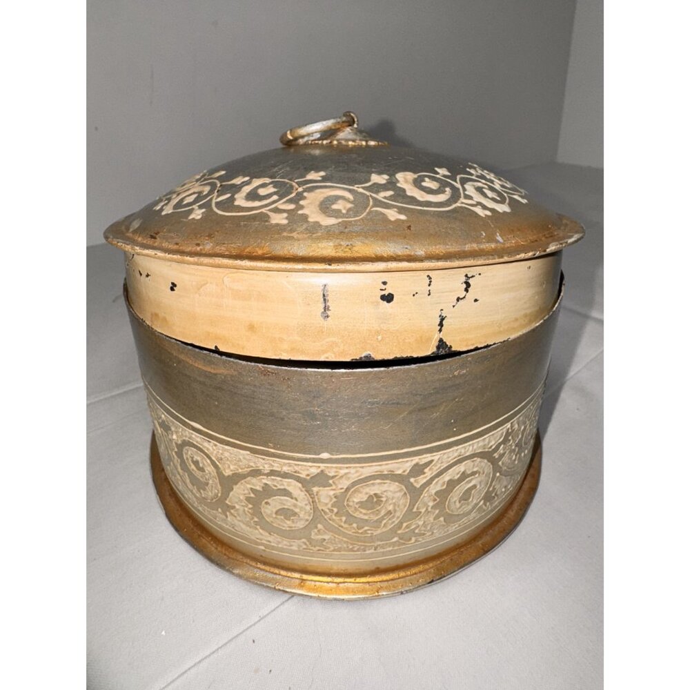 Vintage Gold & Silver Tin Round Storage Box With Lid Decorative Floral Scroll De - Picture 10 of 10